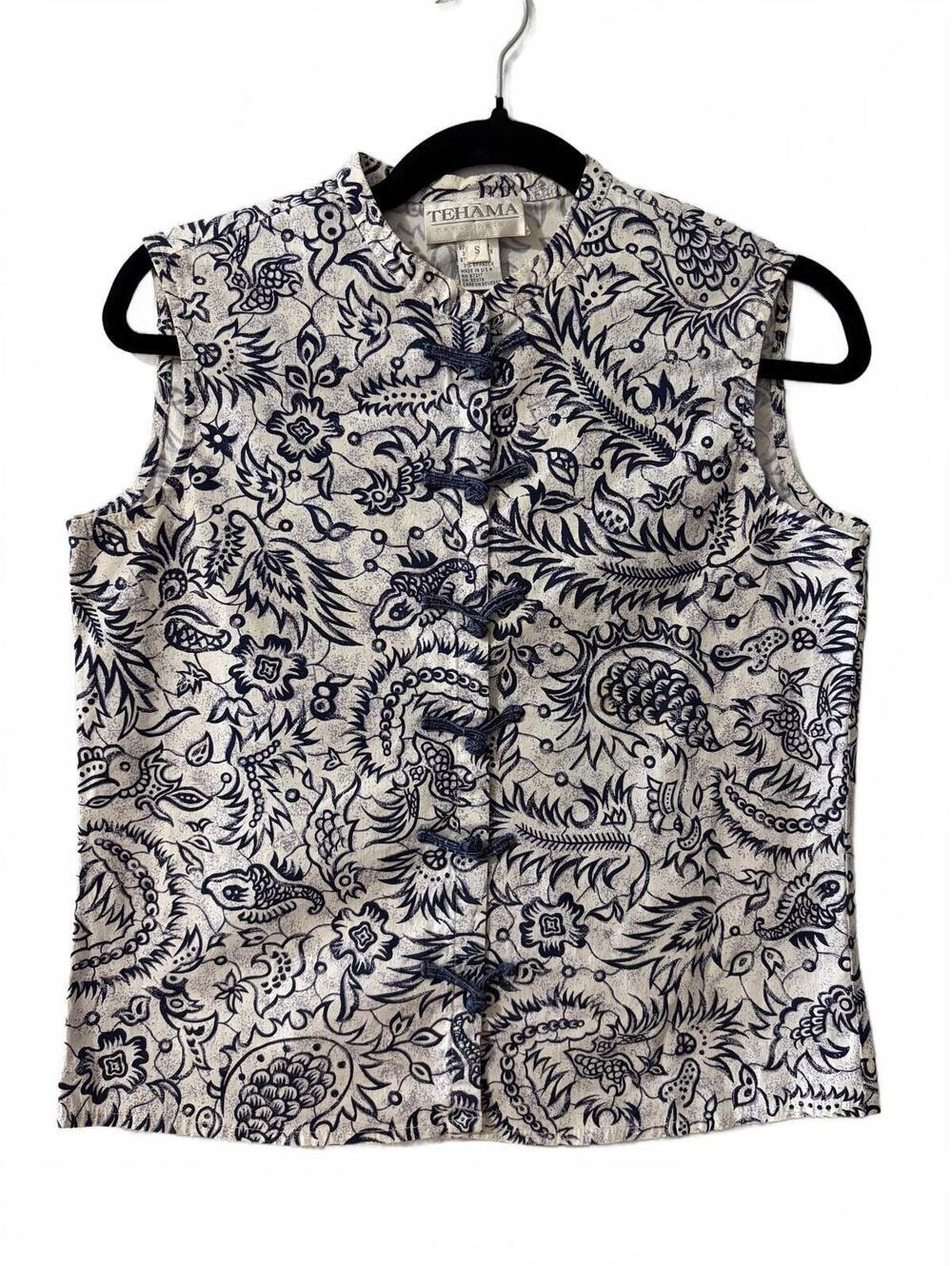 Vintage Tehama Blouse Womens Size S Blue Ivory Floral Sleeveless Mandarin Collar
